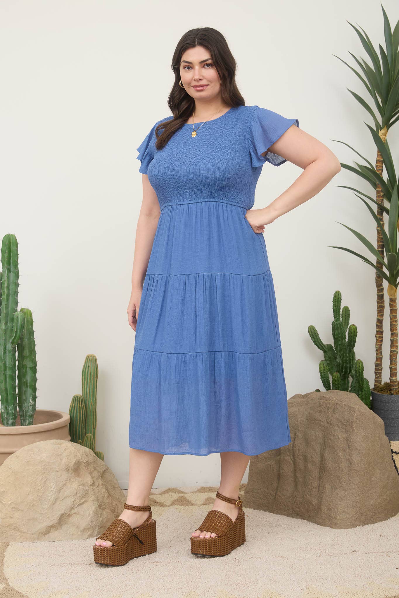 PLUS SMOCKED TIERED MIDI DRESS