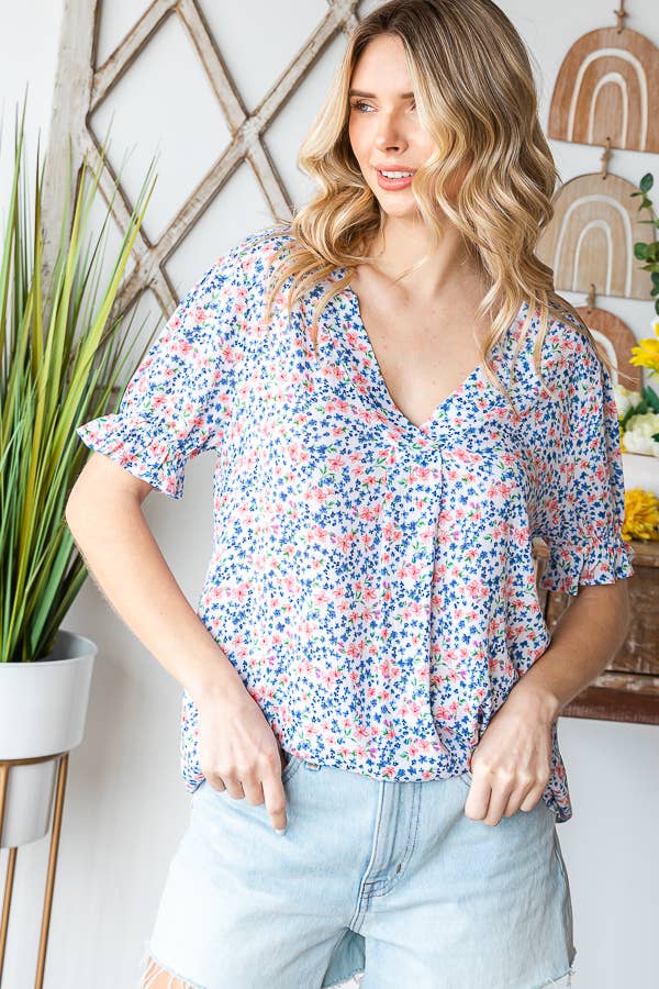 Tiny Flower Print V-Neck Ruffled Puff Sleeve Blouse T5051