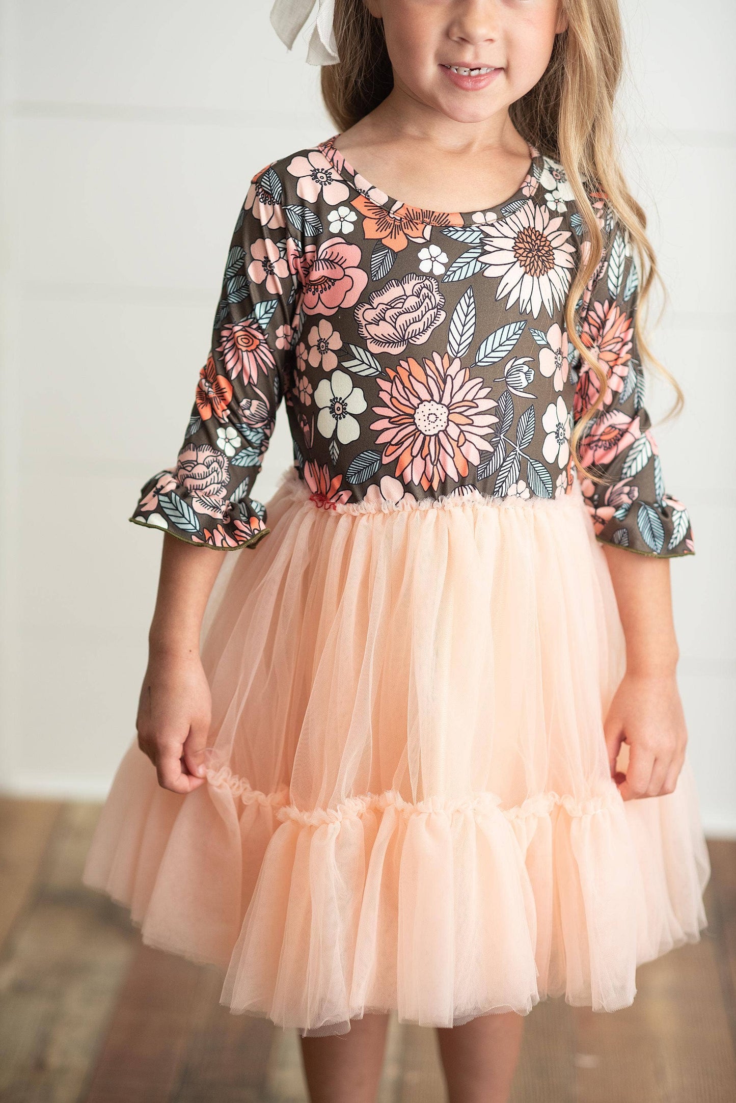 Kids Brown & Peach Vintage Floral Tulle Fall Dress