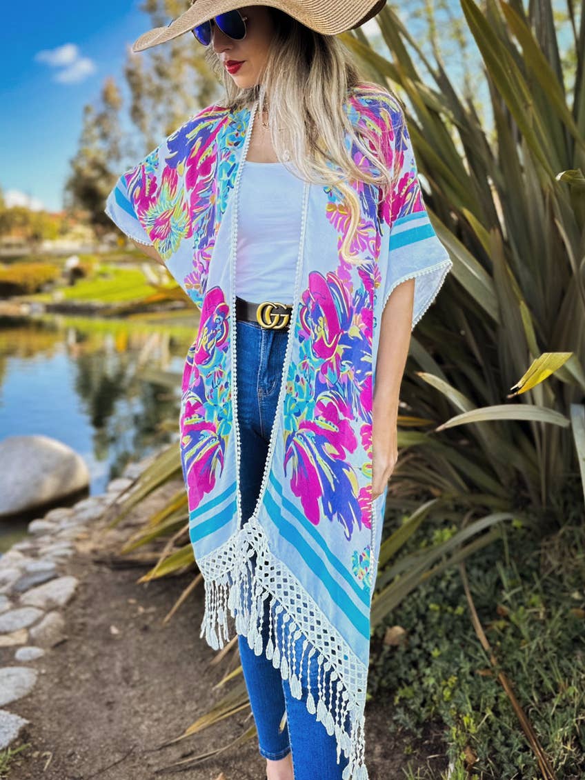 White Multi Floral Print Lace Detail Tassel Bottom Kimono