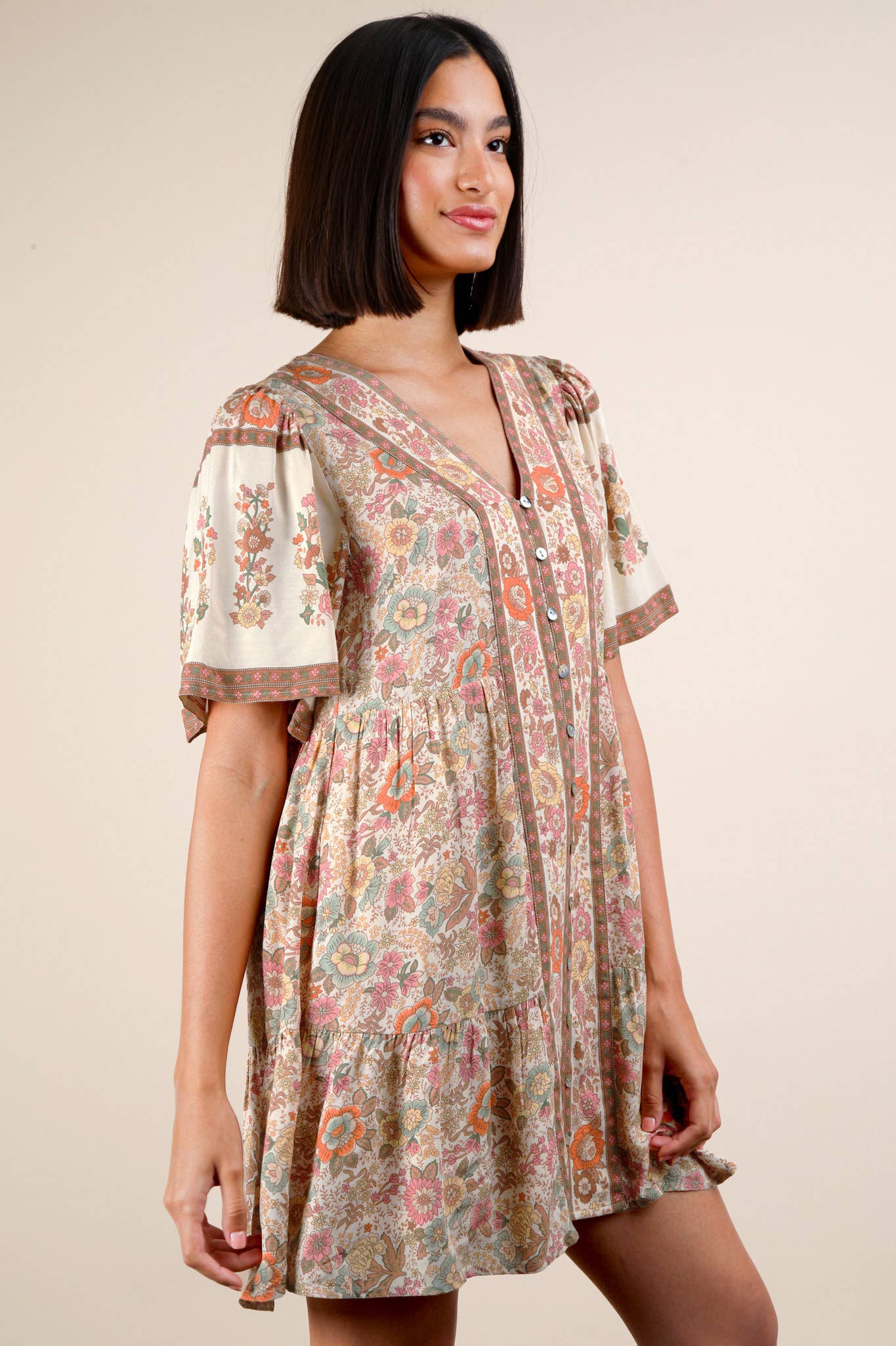 Shirring Detail Printed Woven Mini Dress