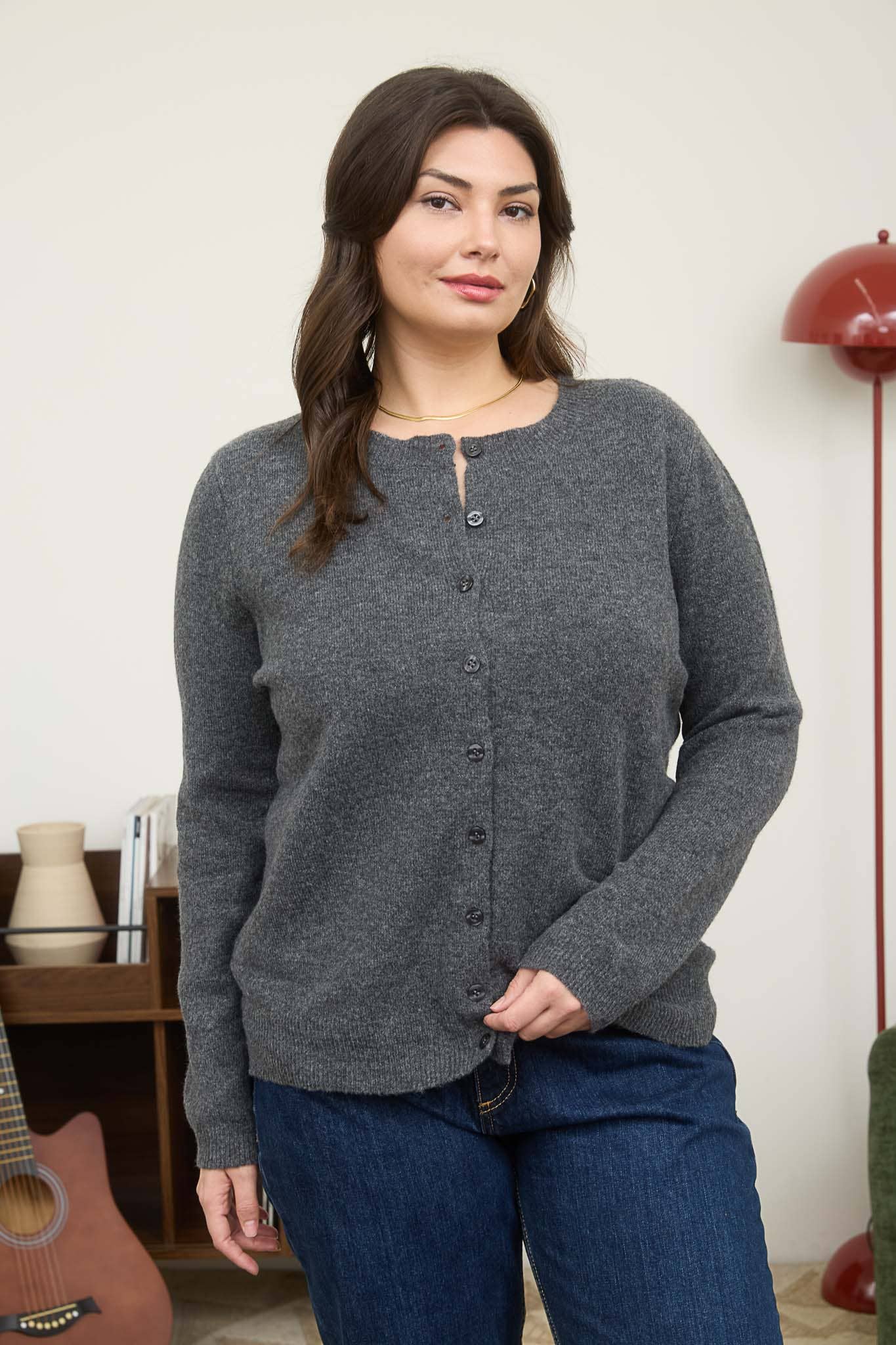 PLUS ROUND NECK BUTTON DOWN LONG SLEEVE CARDIGAN