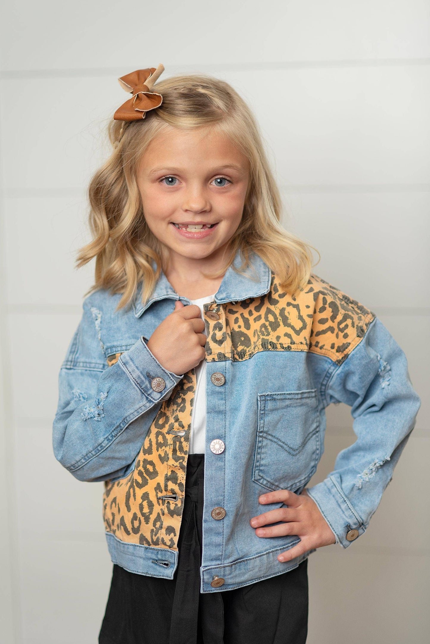 Kids Leopard Patch & Light Wash Denim Button Pocket Jacket