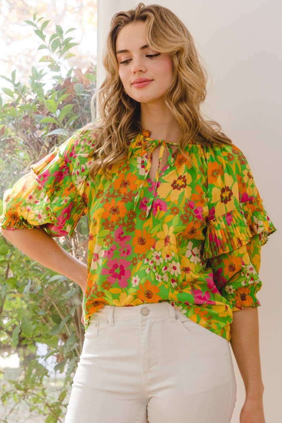 Plus Floral Center Tie V-Neck Front Blouse