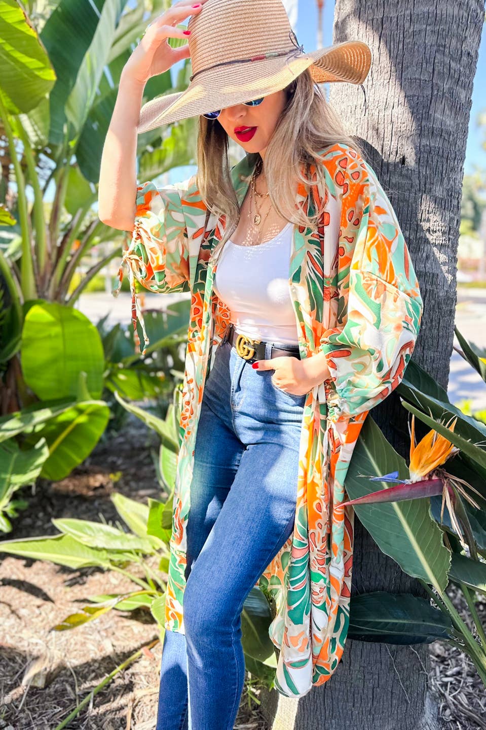 Green Multi Tropical Printed 3/4Tie Sleeve Satin Maxi Kimono