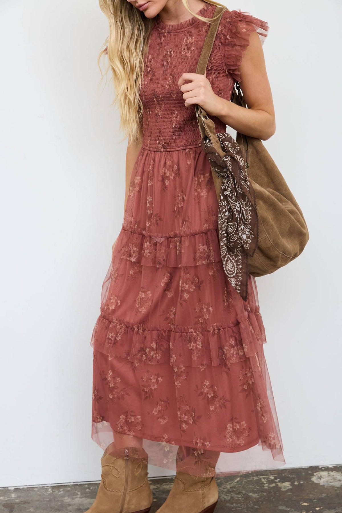 Blu Pepper - Smocked Ruffle Tiered Floral Midi Dress - Terracotta