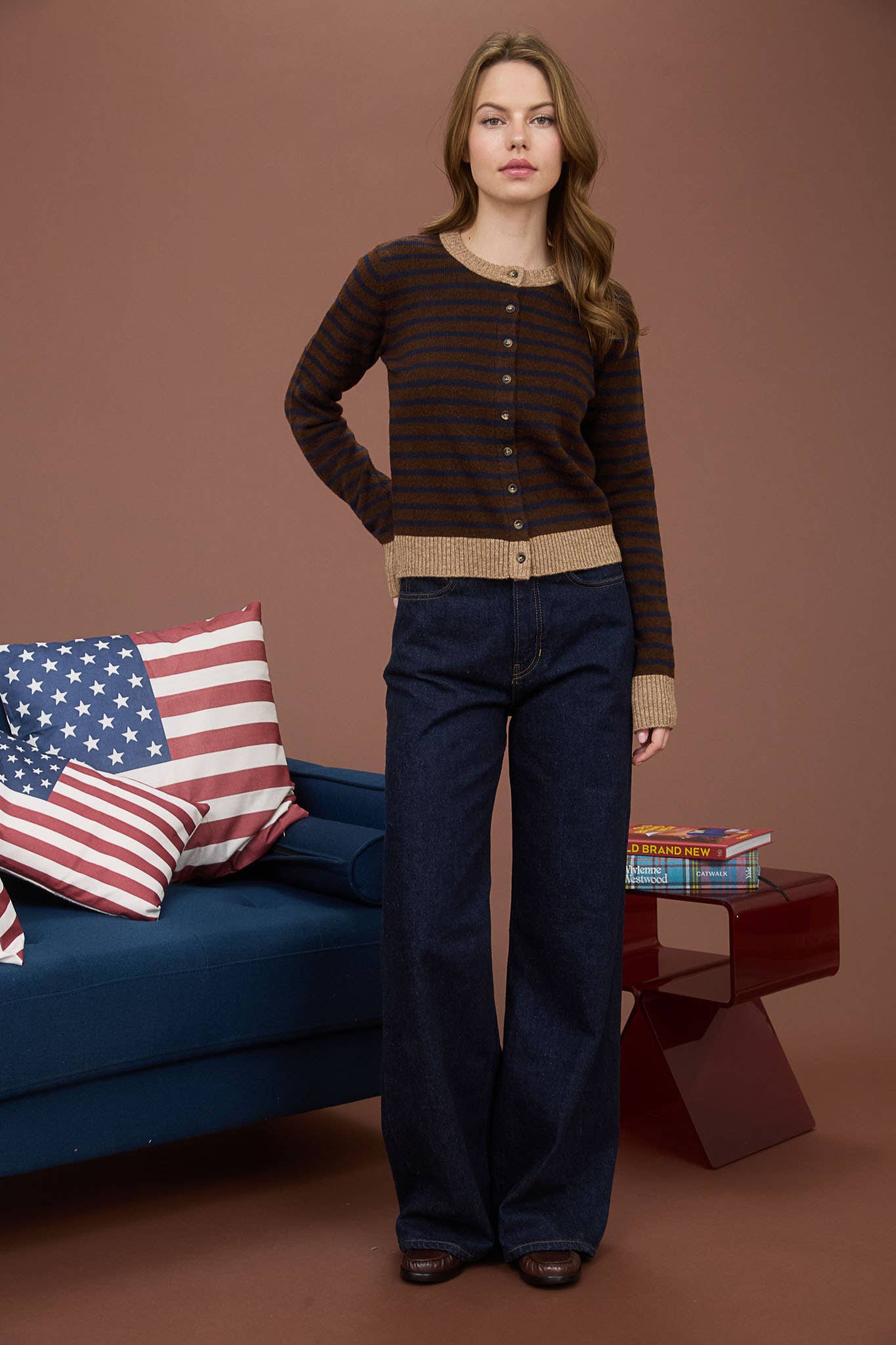 STRIPE COLORBLOCK TRIM BUTTON DOWN KNIT CARDIGAN