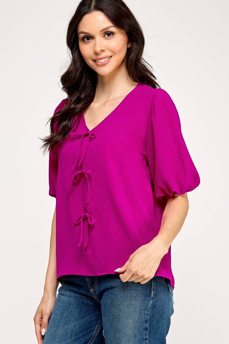 Solid Tie Front Blouse
