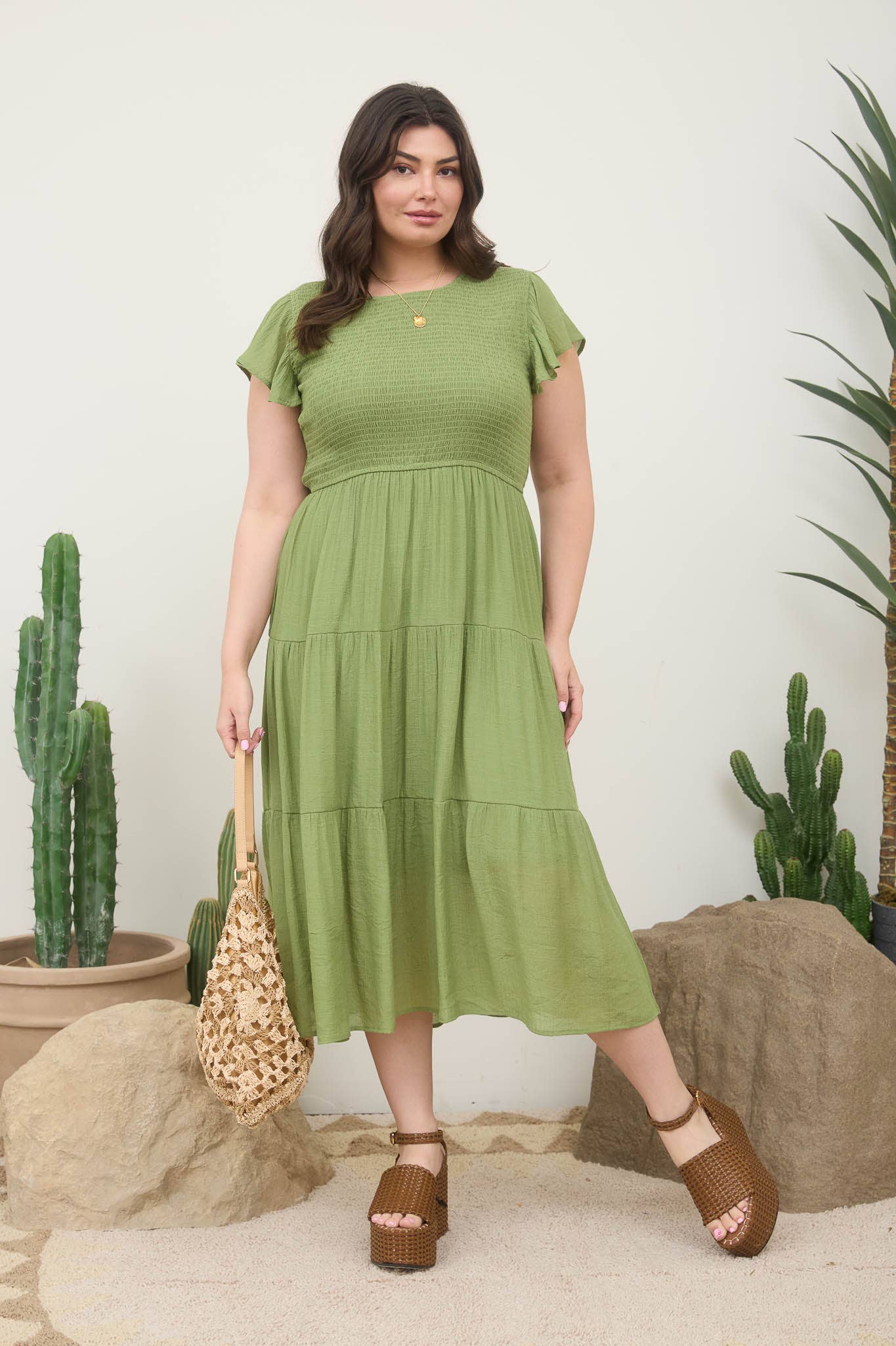 PLUS SMOCKED TIERED MIDI DRESS