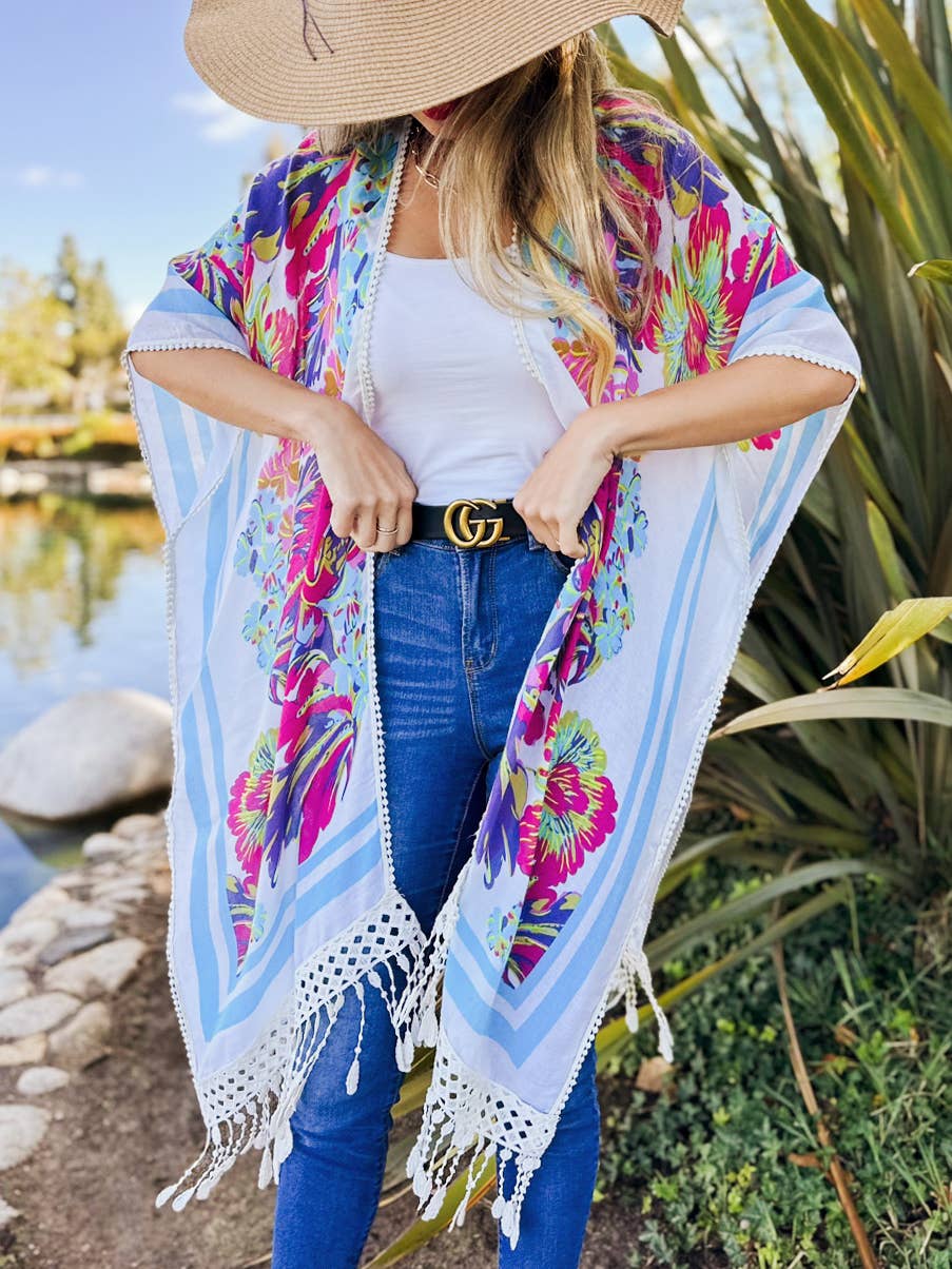 White Multi Floral Print Lace Detail Tassel Bottom Kimono