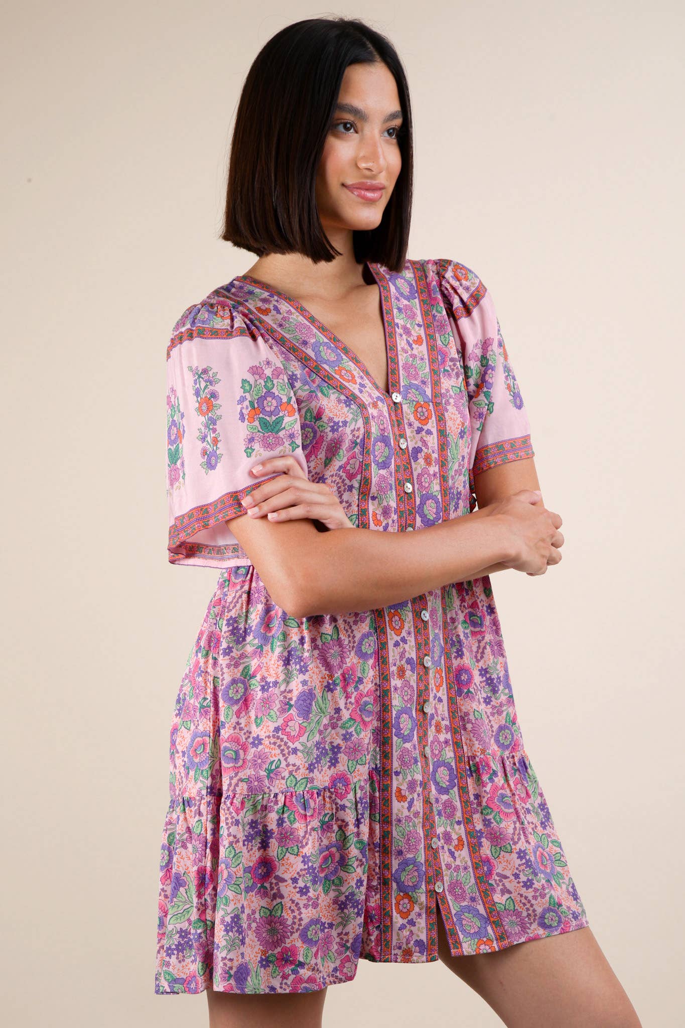 Shirring Detail Printed Woven Mini Dress