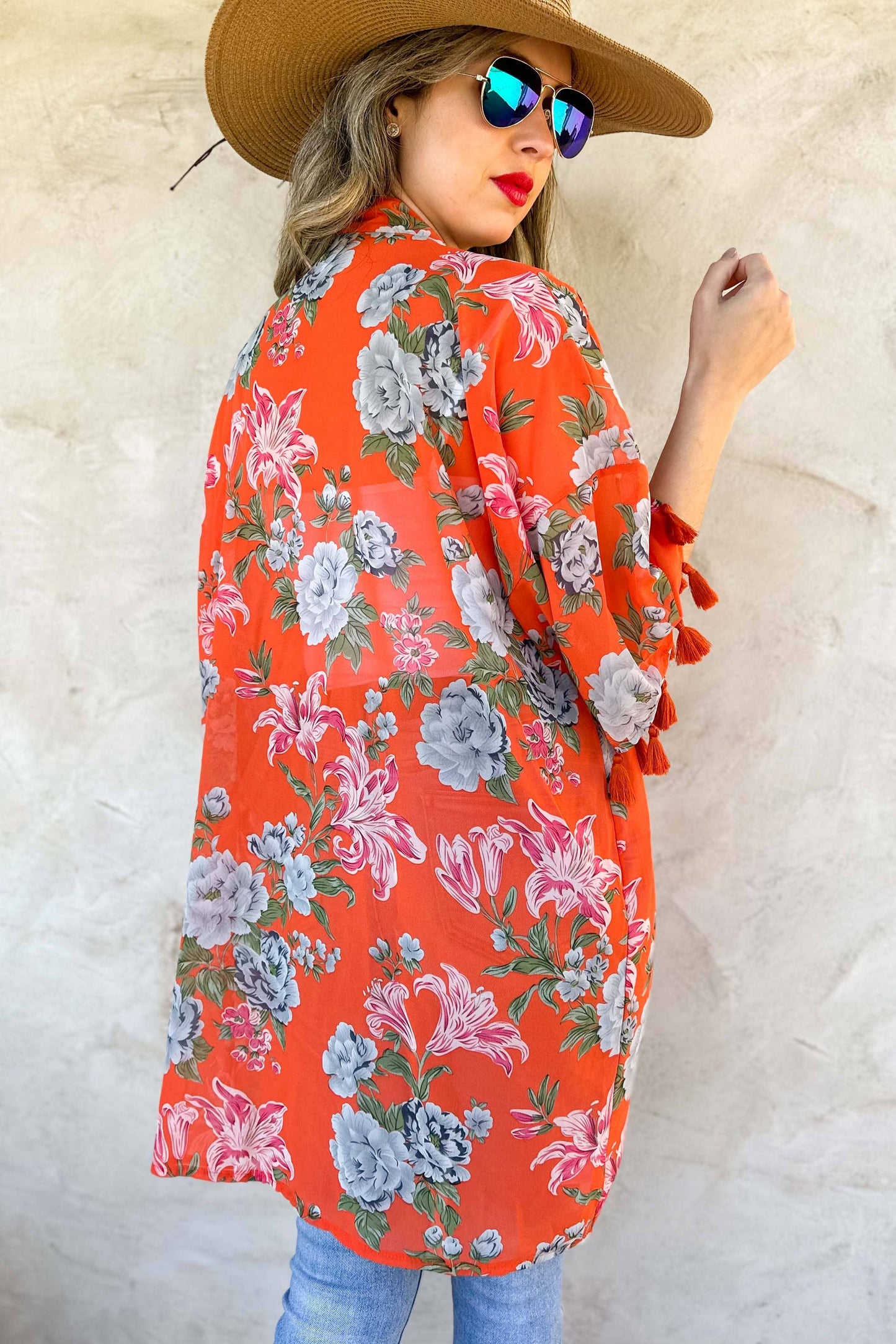 Coral Floral Print 3/4 Sleeve With Tassel Chiffon Kimono