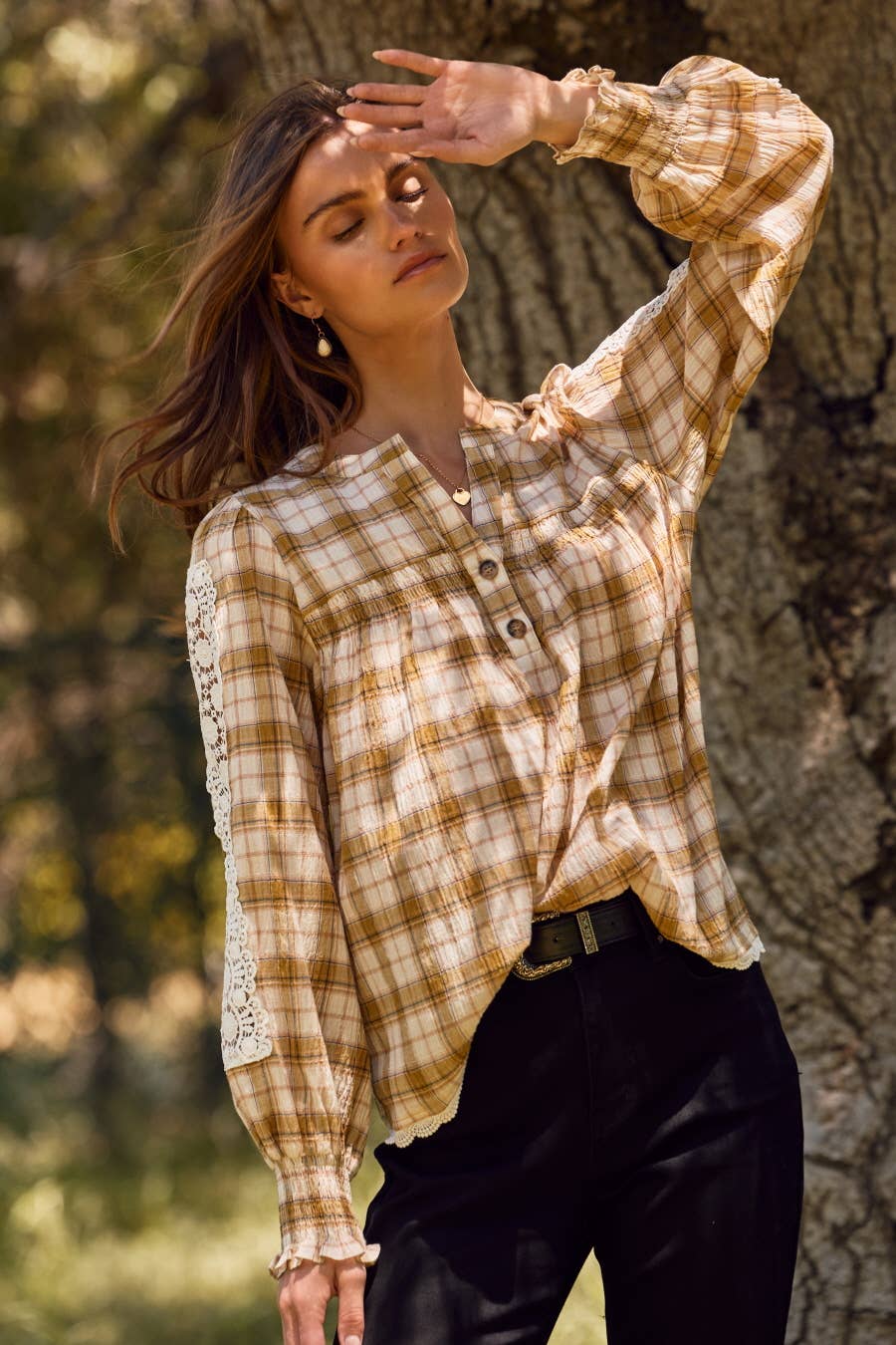 Lace& Plaid Combo Long Sleeve Blouse