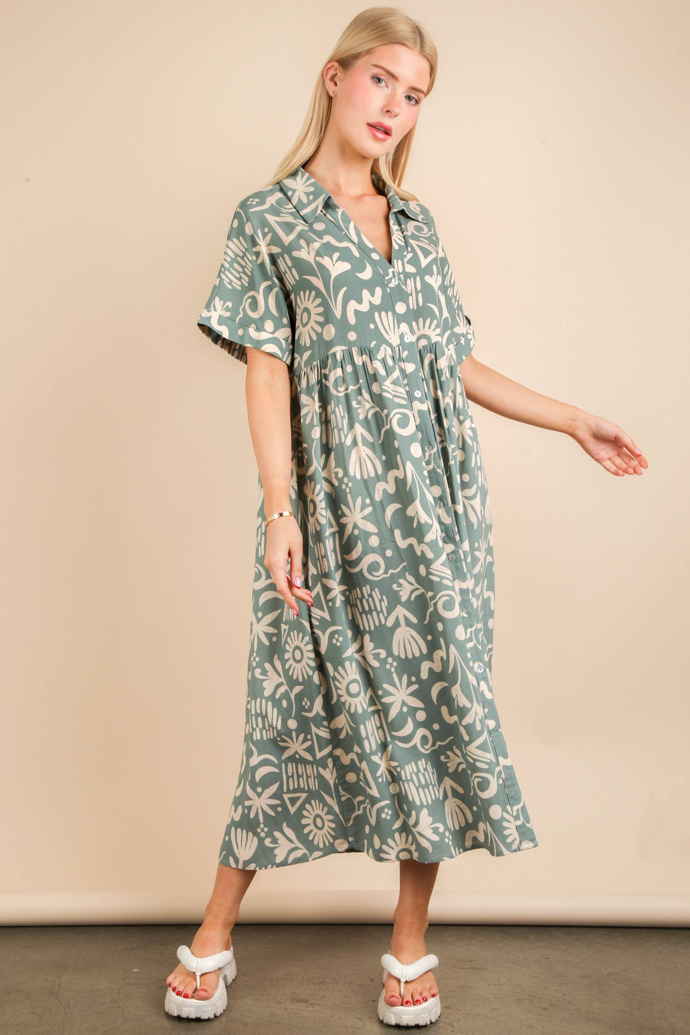 ND31583-Oversized Printed Shirt Midi Dress