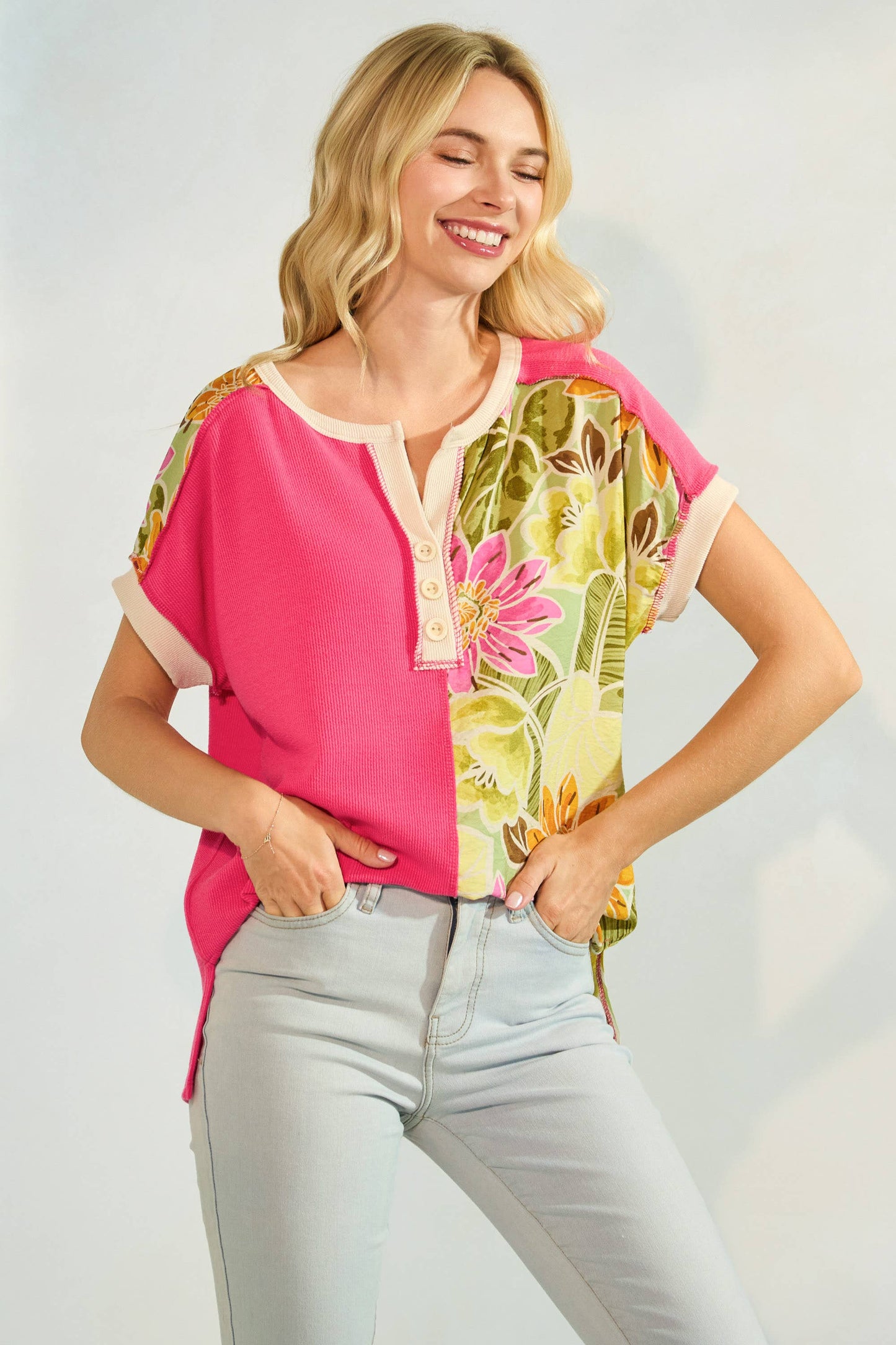 Floral Half Panel Button Short Sleeve Top T5963