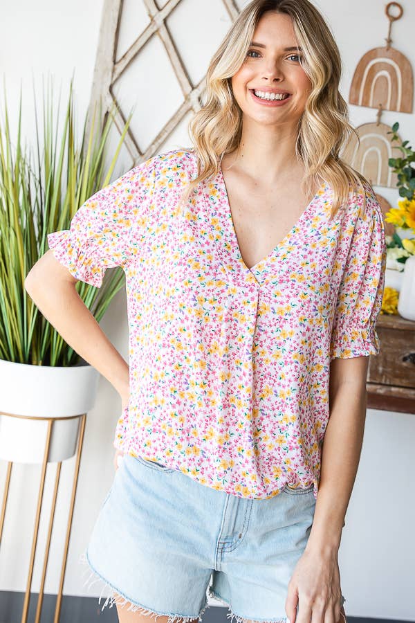 Tiny Flower Print V-Neck Ruffled Puff Sleeve Blouse T5051