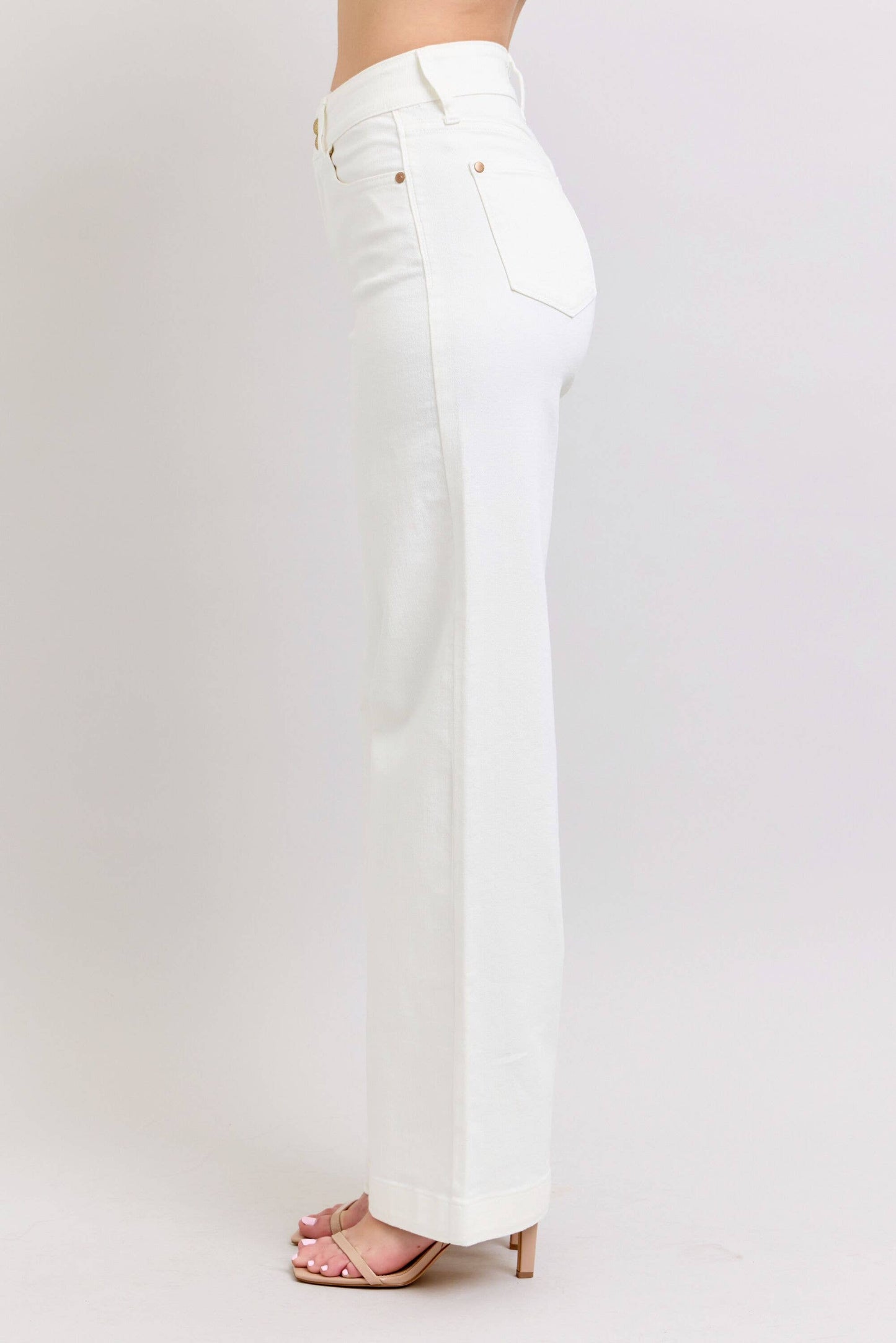 High Waisted White Double Button Waist Band & Coin Pkt