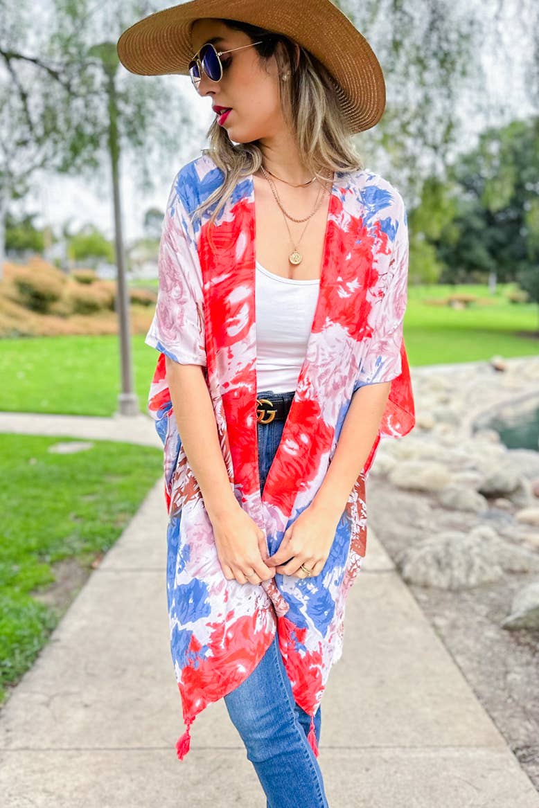 Coral Multi Tie Dye Printed Kimono Cover Up With Tassel