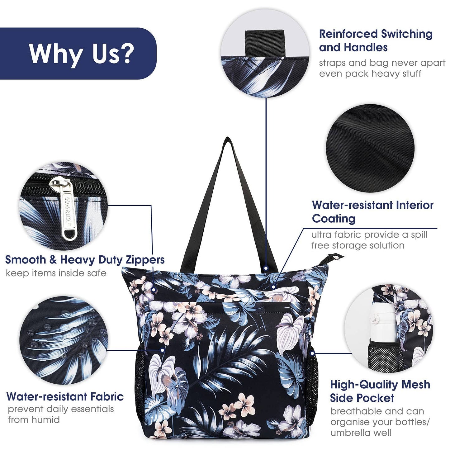 WANDF Water-resistant Beach Shoulder Tote Bag for Women