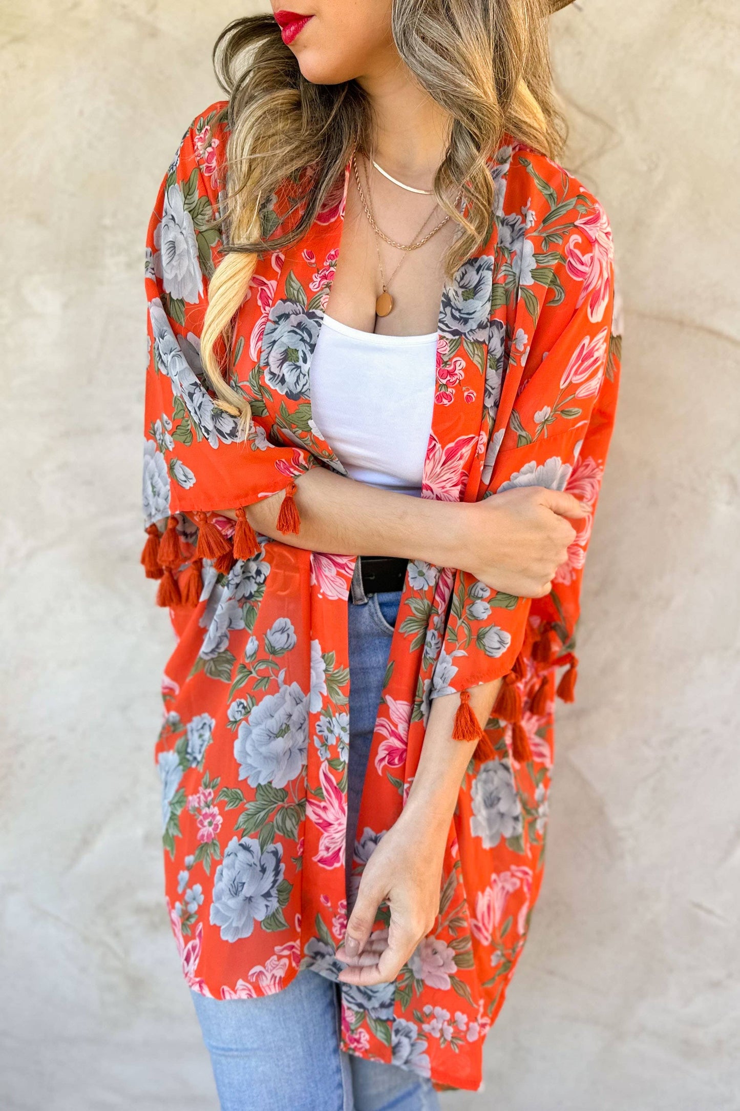Coral Floral Print 3/4 Sleeve With Tassel Chiffon Kimono
