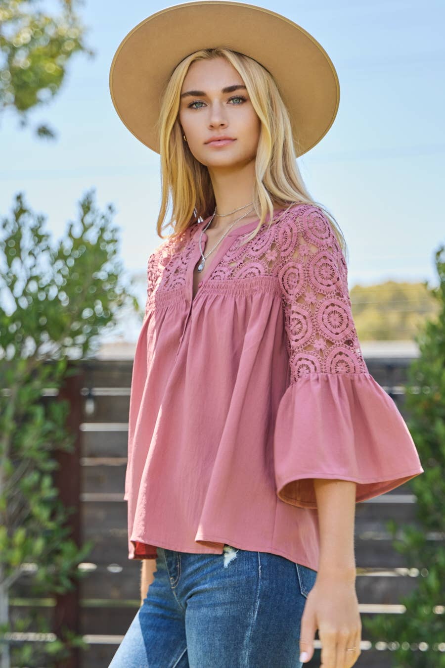 Solid Airflow Lace Trimed Bell Sleeve Blouse
