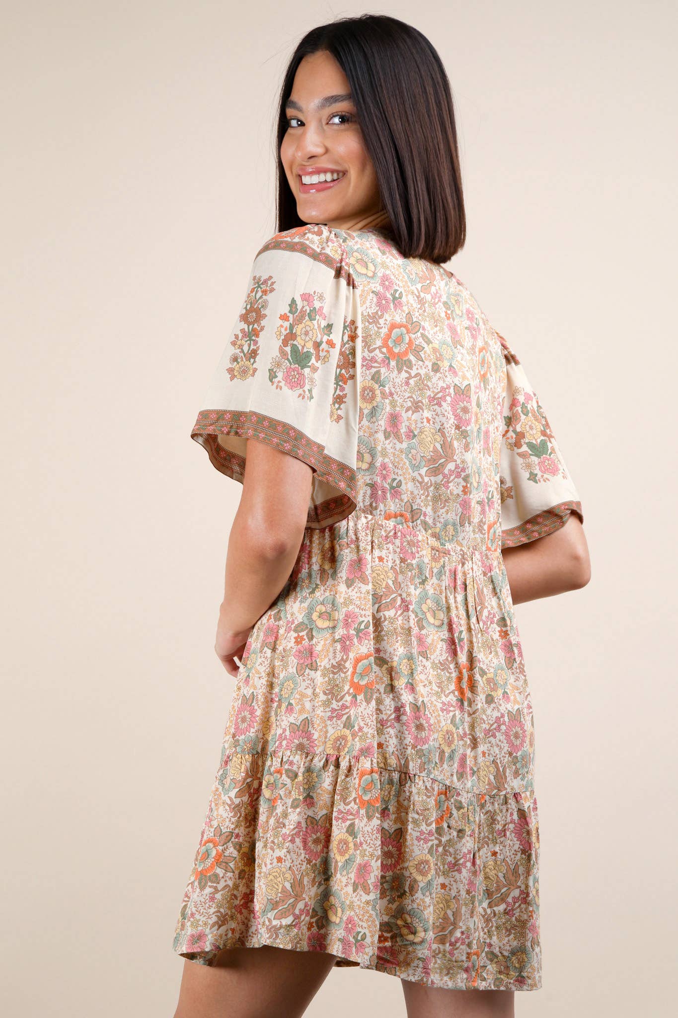 Shirring Detail Printed Woven Mini Dress