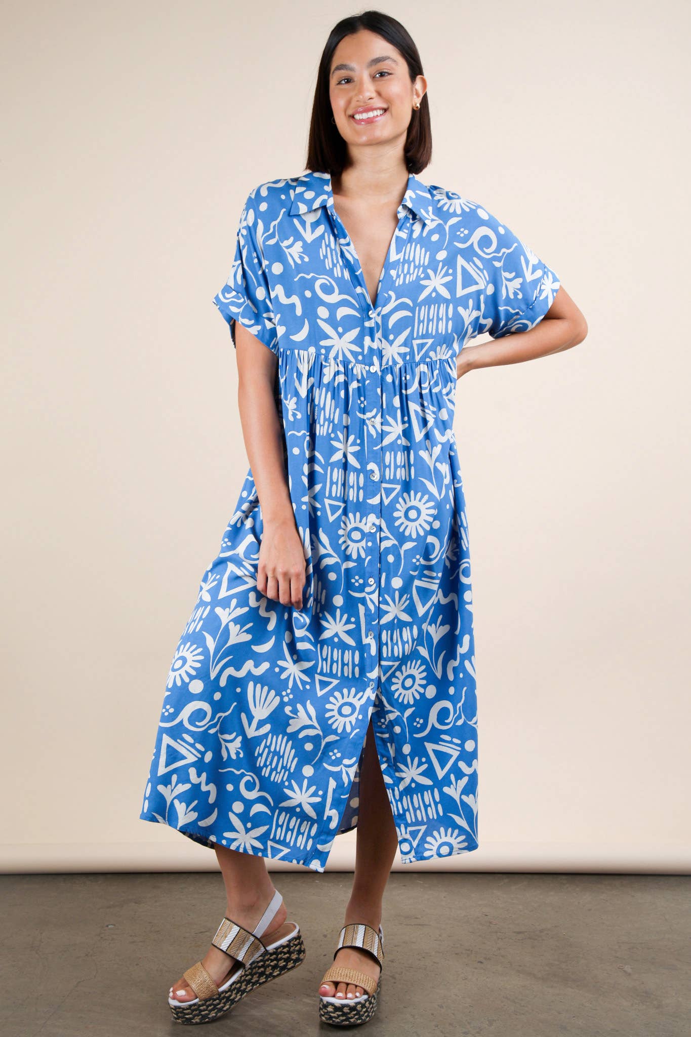 ND31583-Oversized Printed Shirt Midi Dress