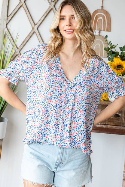 Tiny Flower Print V-Neck Ruffled Puff Sleeve Blouse T5051