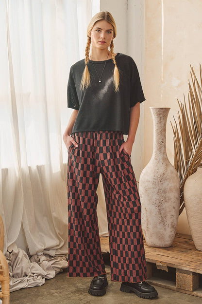 Retro Checkered Wide Leg Pants - Brown + Black