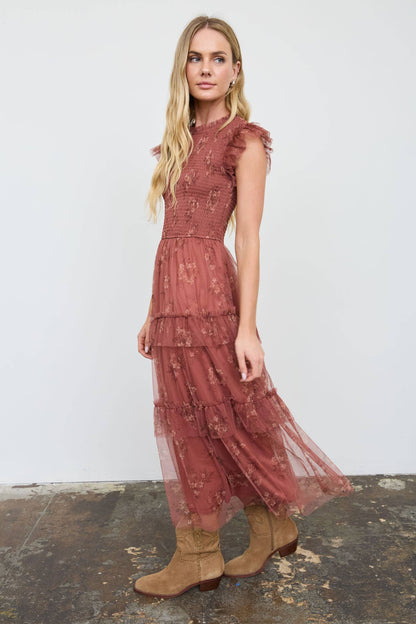 Blu Pepper - Smocked Ruffle Tiered Floral Midi Dress - Terracotta