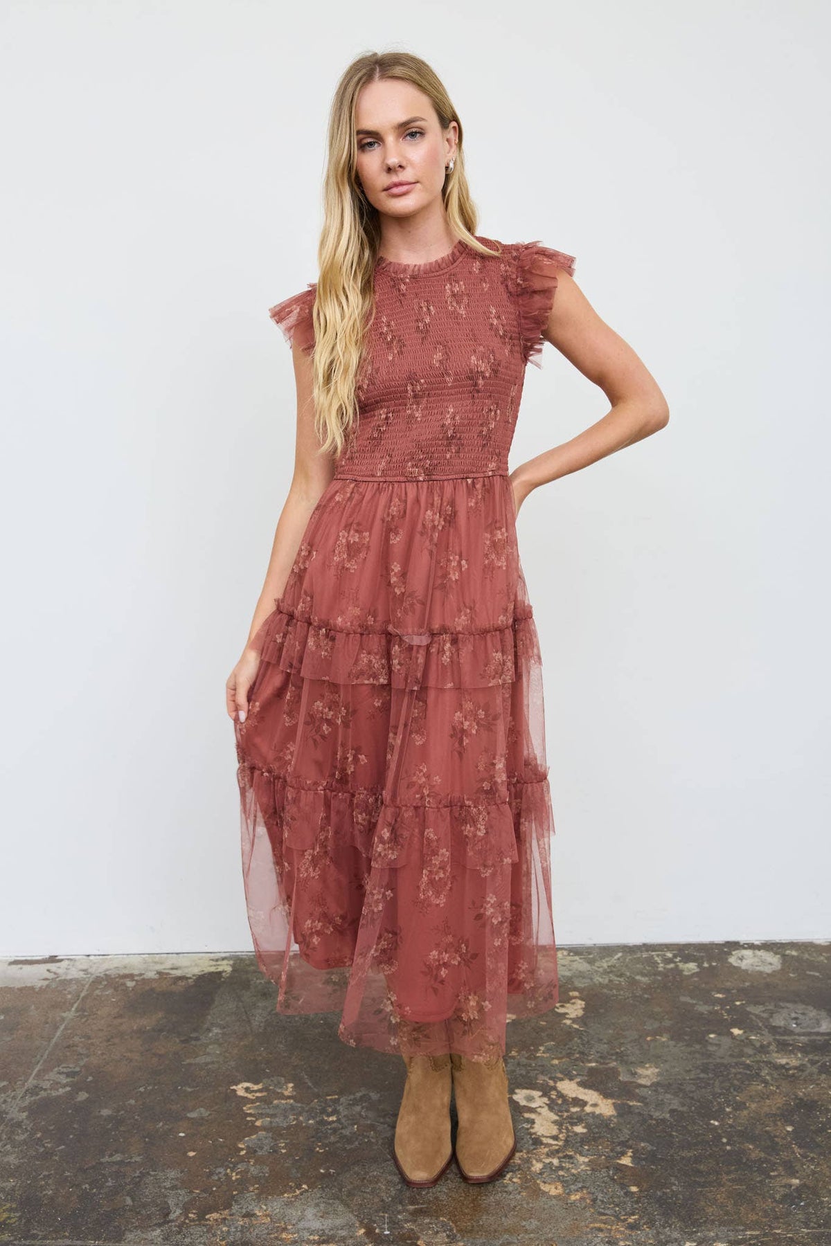 Blu Pepper - Smocked Ruffle Tiered Floral Midi Dress - Terracotta