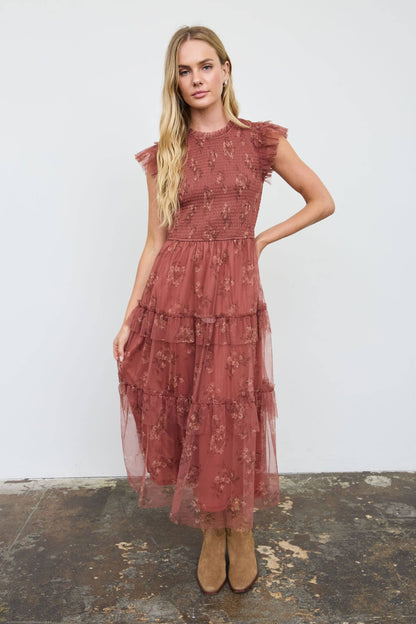 Blu Pepper - Smocked Ruffle Tiered Floral Midi Dress - Terracotta