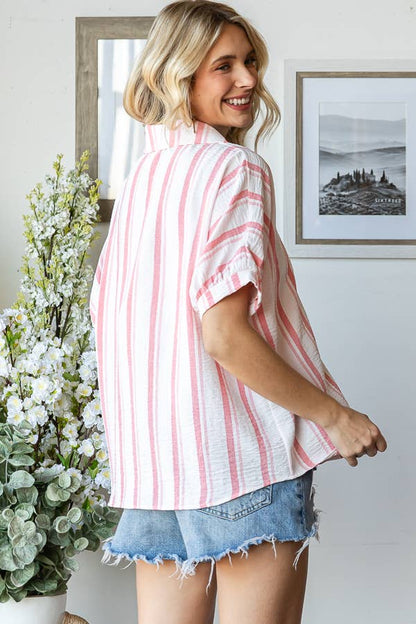 Stripe Button Down Cuff Short Sleeve Blouse