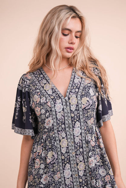 Shirring Detail Printed Woven Mini Dress