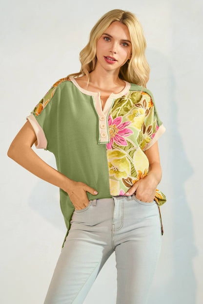 Floral Half Panel Button Short Sleeve Top T5963
