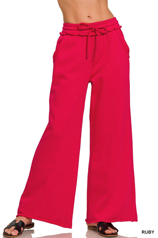 Zenana - Fleece Exposed Seam Wide Leg Sweatpants - Ruby