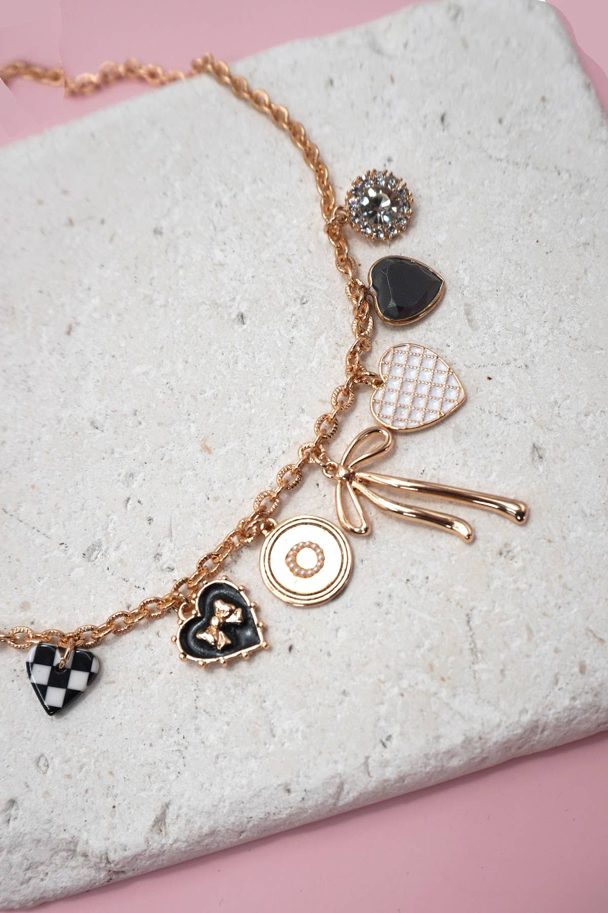 Charm Necklace Bow Checkered Heart