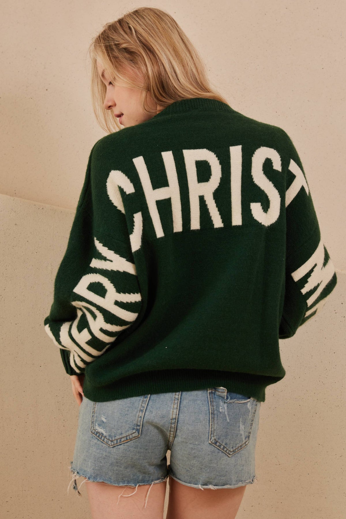 Mello - Oversized Christmas Sweater with Lettering - Green