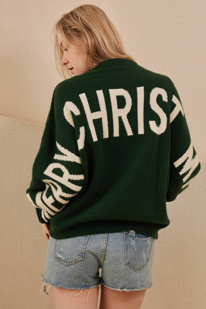 Mello - Oversized Christmas Sweater with Lettering - Green