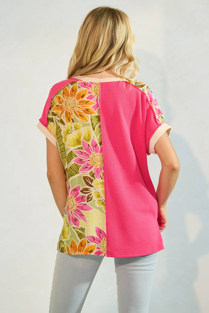 Floral Half Panel Button Short Sleeve Top T5963
