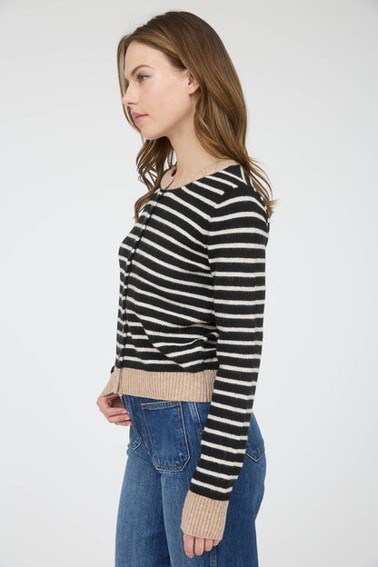 STRIPE COLORBLOCK TRIM BUTTON DOWN KNIT CARDIGAN