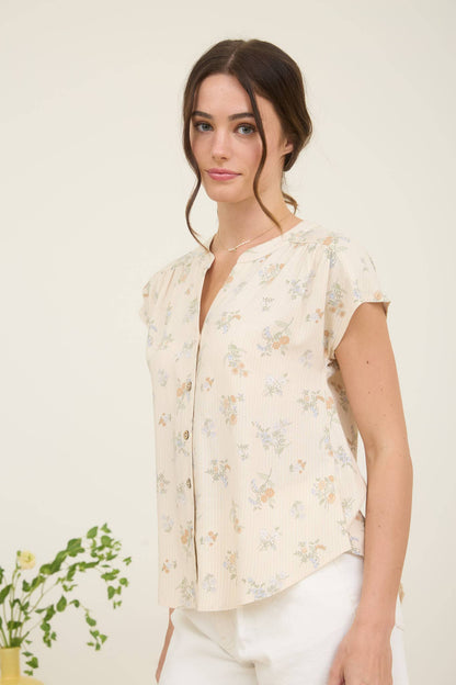 STRIPE FLORAL SHORT SLEEVE BUTTON DOWN TOP