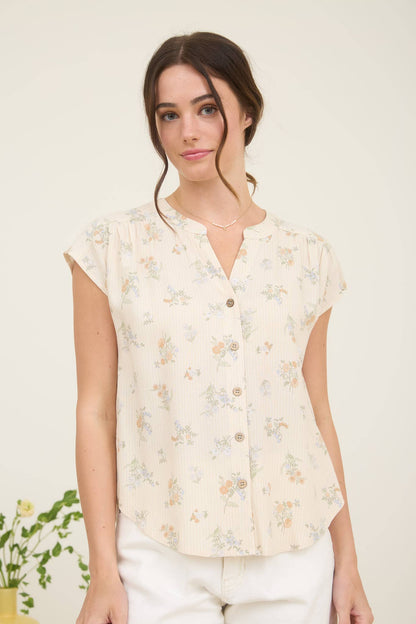 STRIPE FLORAL SHORT SLEEVE BUTTON DOWN TOP