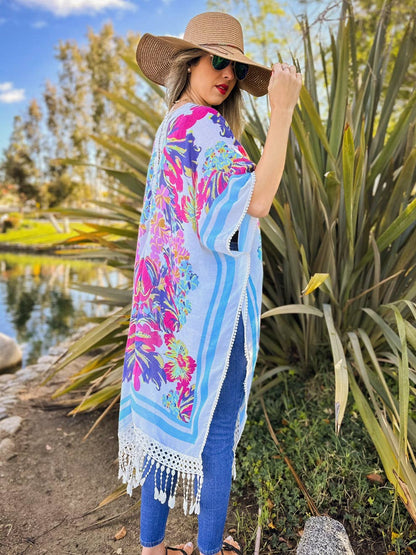 White Multi Floral Print Lace Detail Tassel Bottom Kimono