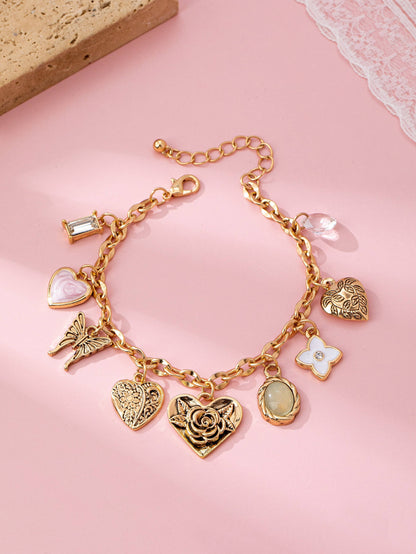 Gold Charm Bracelet with Hearts & Flowers