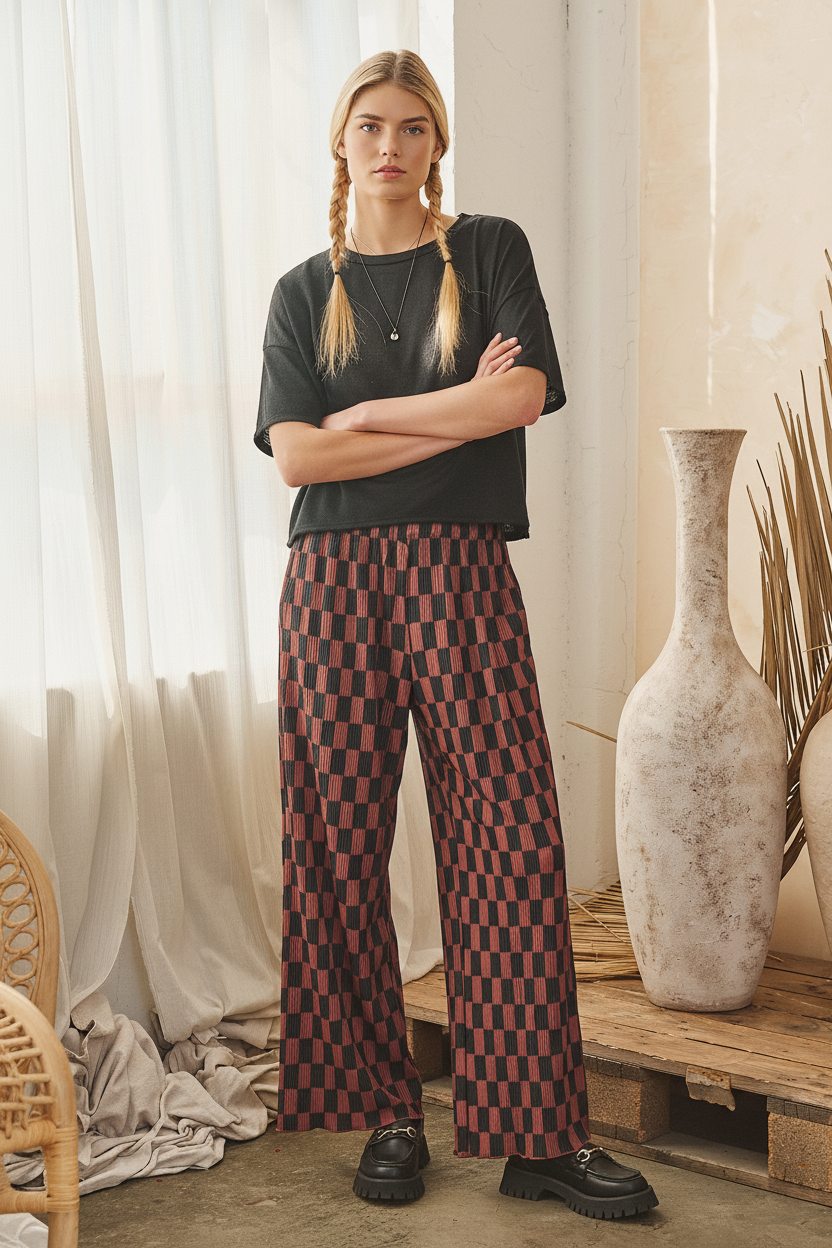 Retro Checkered Wide Leg Pants - Brown + Black