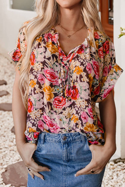 LDC Floral Print Crew Neck Short Sleeve Shift Blouse