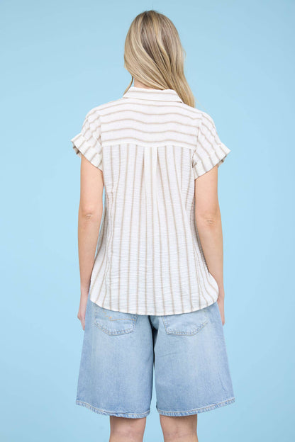 STRIPE COLLARED SHORT SLEEVE BUTTON DOWN SHIRT