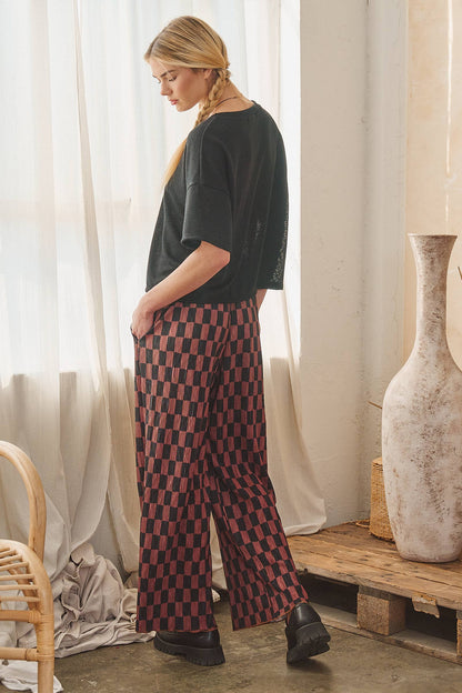 Retro Checkered Wide Leg Pants - Brown + Black