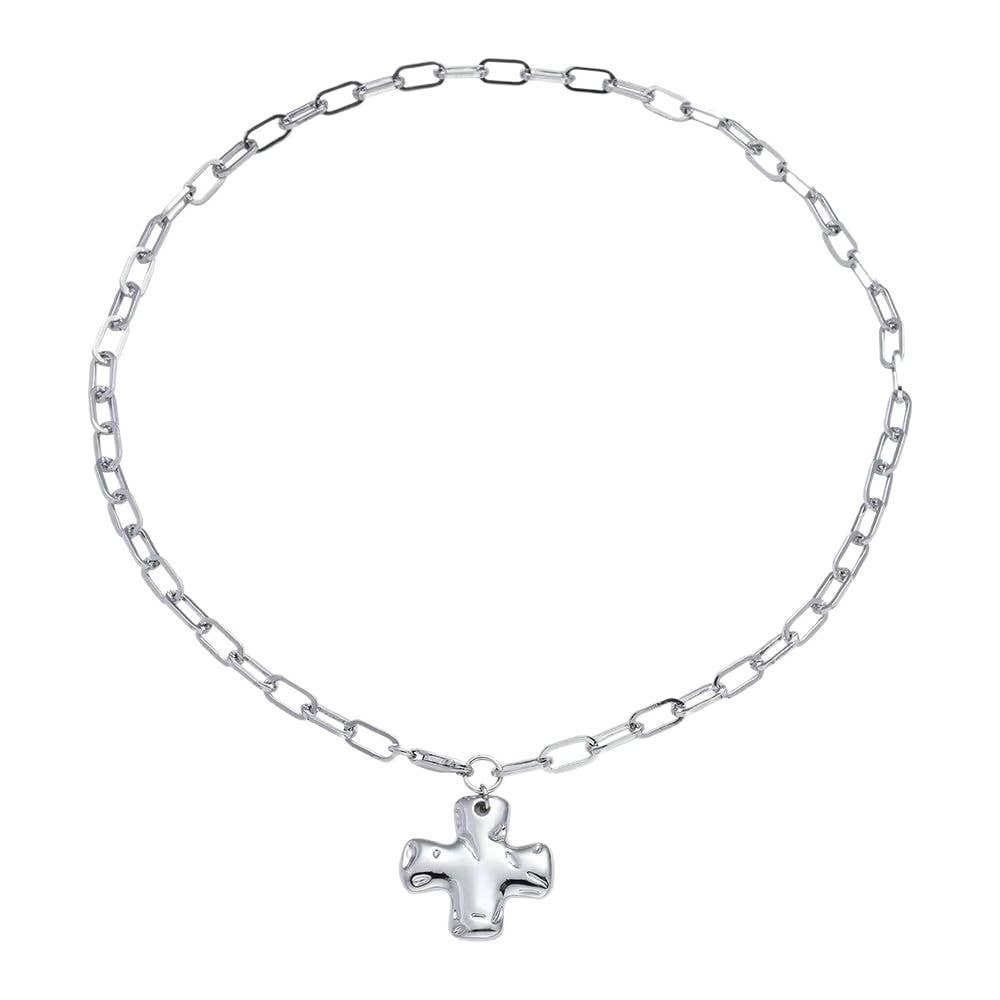 Hammered Cross Front Necklace - Silver Or Gold